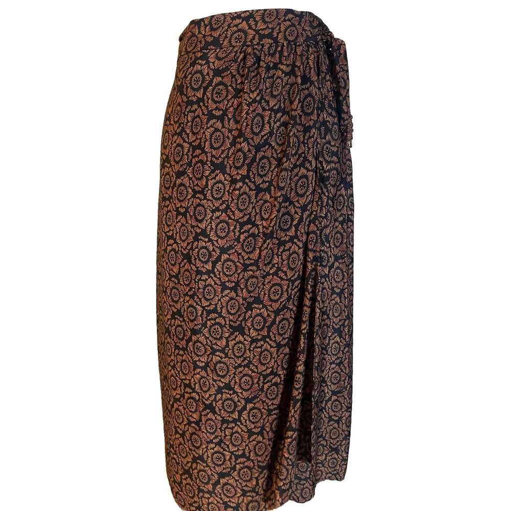 Vtg 70s Laundry USA Floral Wrap Skirt Sz 10 Rustic Orange Drape Front Beaded Tie